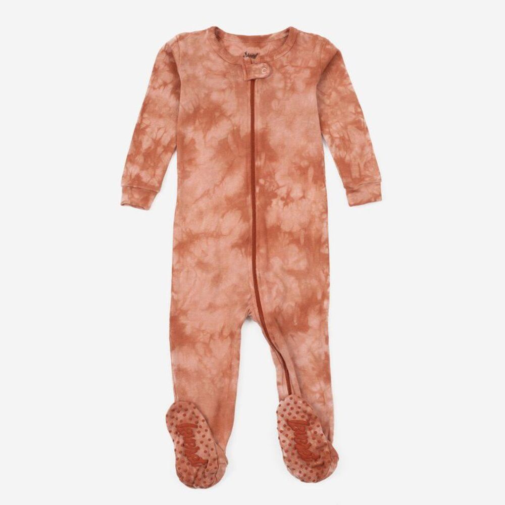 LEVERET -  Footed Cotton Pajamas Tie Dye Peach Mix 2  Peach Mix
